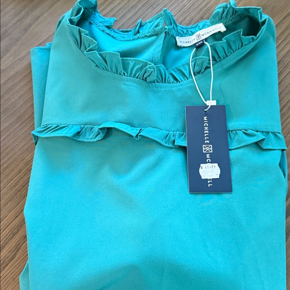 Michele Teal Ruffle Blouse